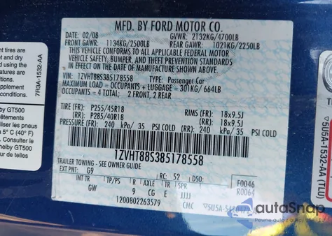 2008 Ford Shelby Gt500 z USA, uszkodzony, nr VIN 1ZVHT88S385178558